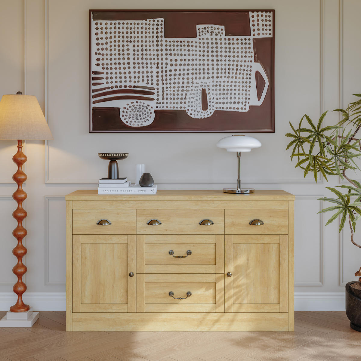 SIDEBOARD 135x40x80 cm 2 Türen 5 Schubladen Holzfarben - Naturfarben, Holz (135/80/39.5cm) - LEBENLANG