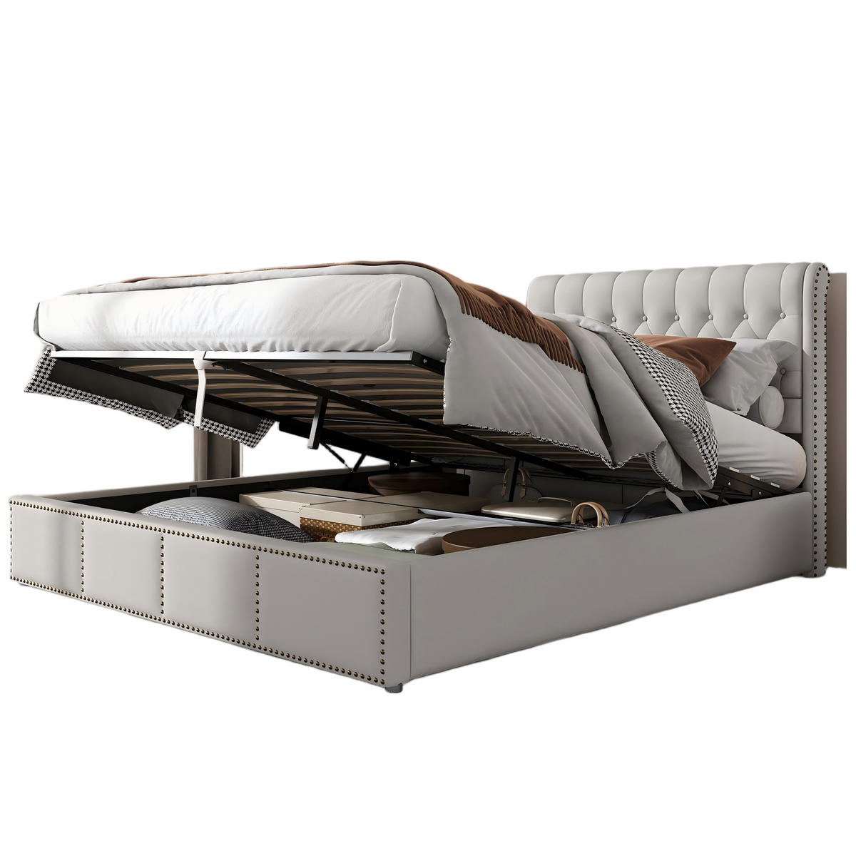 POLSTERBETT 180/200 cm Hellgrau mit Hydraulikhebel und Bettkasten - Hellgrau, Textil (180/200cm) - OKWISH