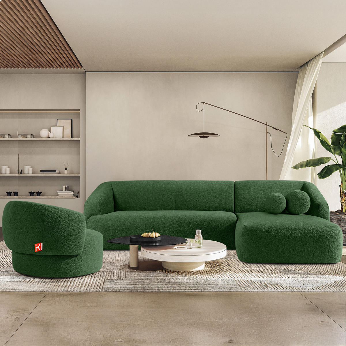ECKSOFA RECHTS VIRA, Grün, Bouclé - Schwarz/Grün, Holz/Holzwerkstoff (300/160cm) - KONSIMO®