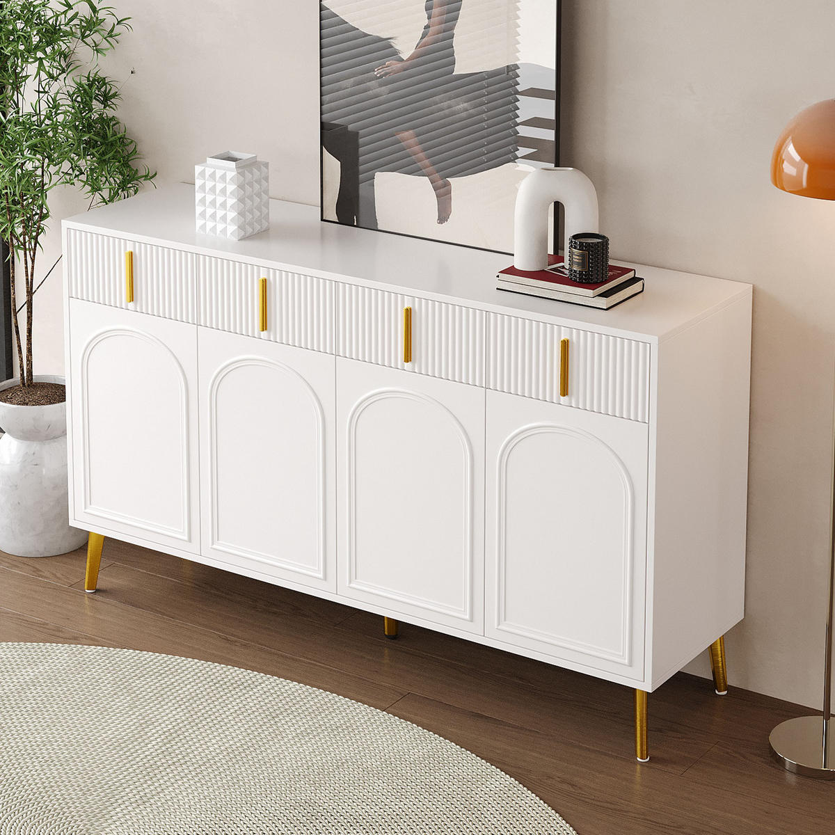 SIDEBOARD in Weiß Anrichte mit Türen und Schubladen für Wohnzimmer und Schlafzimmer, B140/T38/H82 cm - Goldfarben/Weiß, Holzwerkstoff/Metall (140/82/38cm) - STILVORA