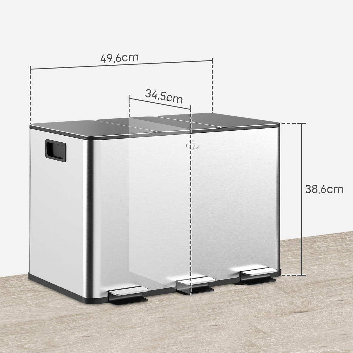 MÜLLTRENNSYSTEM 3 FÄCHER 49,6/34,5/38,6 cm Edelstahl Silber Treteimer Küche - Silberfarben, Metall (34.5/38.6/49.6cm) - Rolipo