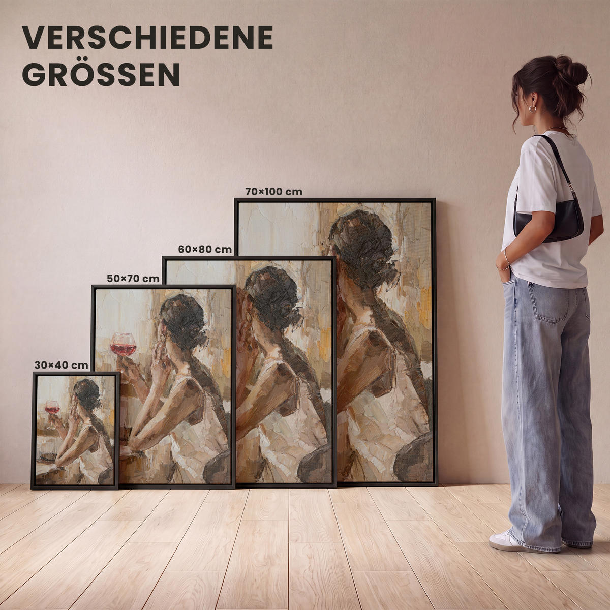 LEINWAND Bilder mit Rahmen - Ölgemälde - Frau - Wein - 70x100 - Hellbraun, Textil (70/100cm) - MuchoWow