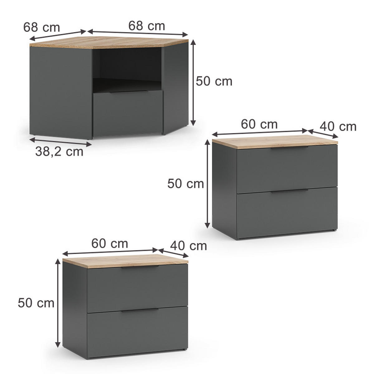 WOHNWAND Wido Anthrazit/Sonoma 3 Teile - Anthrazit/Sonoma Eiche, Holzwerkstoff (68/50/68cm) - Vicco