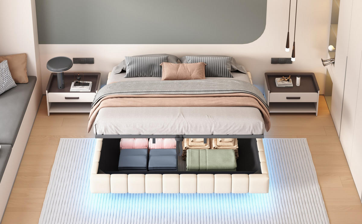 POLSTERBETT 180/200 cm Beige aus Stoff mit LED und Stauraum - Beige, Textil (180/200cm) - OKMYHOME