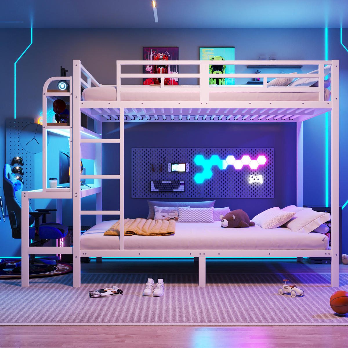 ETAGENBETT 140/200 cm in Weiß mit Schreibtisch, LED und USB-Anschluss - Weiß, Metall (140/200cm) - BEAOK
