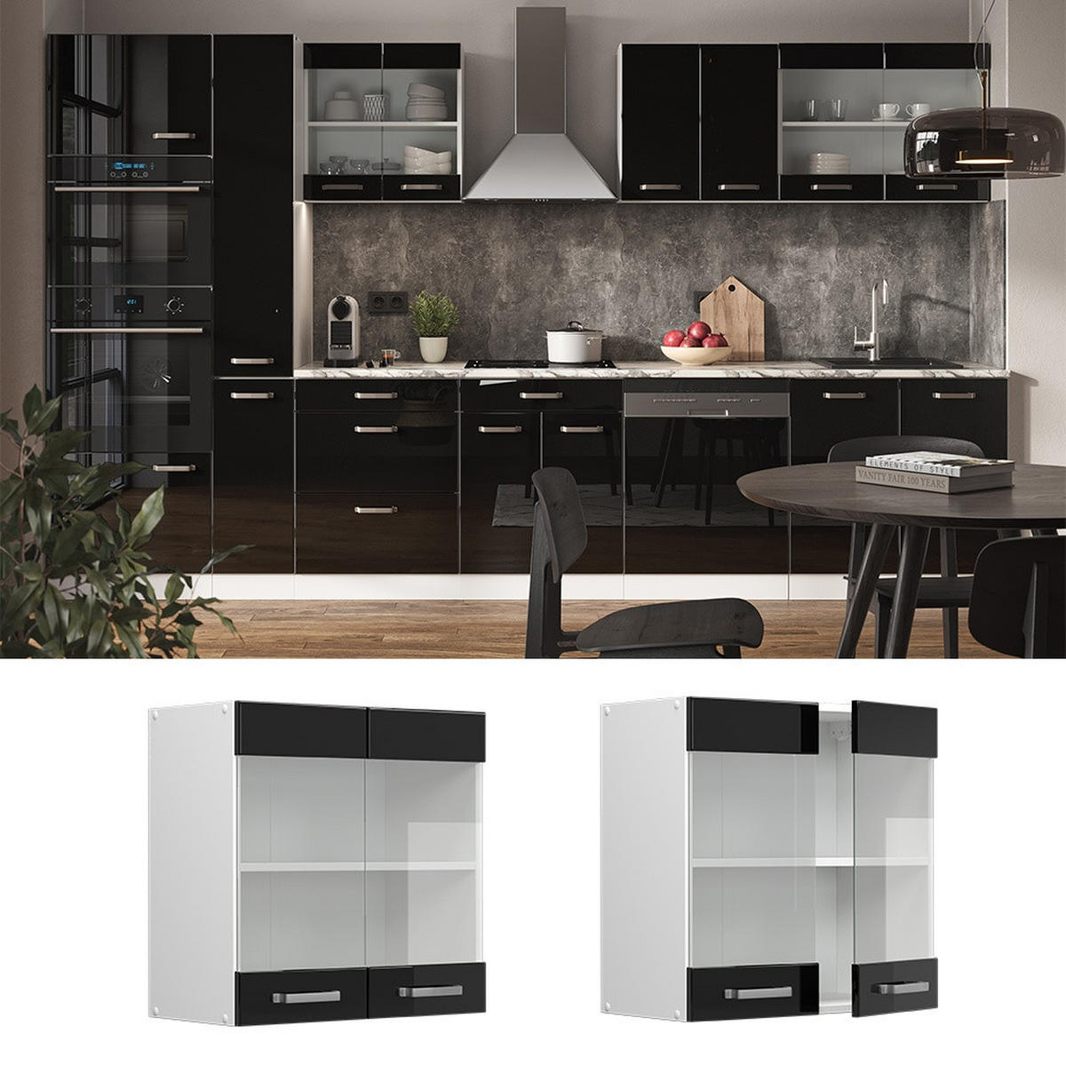 STEKLENA KUHINJSKA OMARICA R-Line Črna visok sijaj 60 cm - črna/bela, leseni material (60/60/31cm) - Vicco