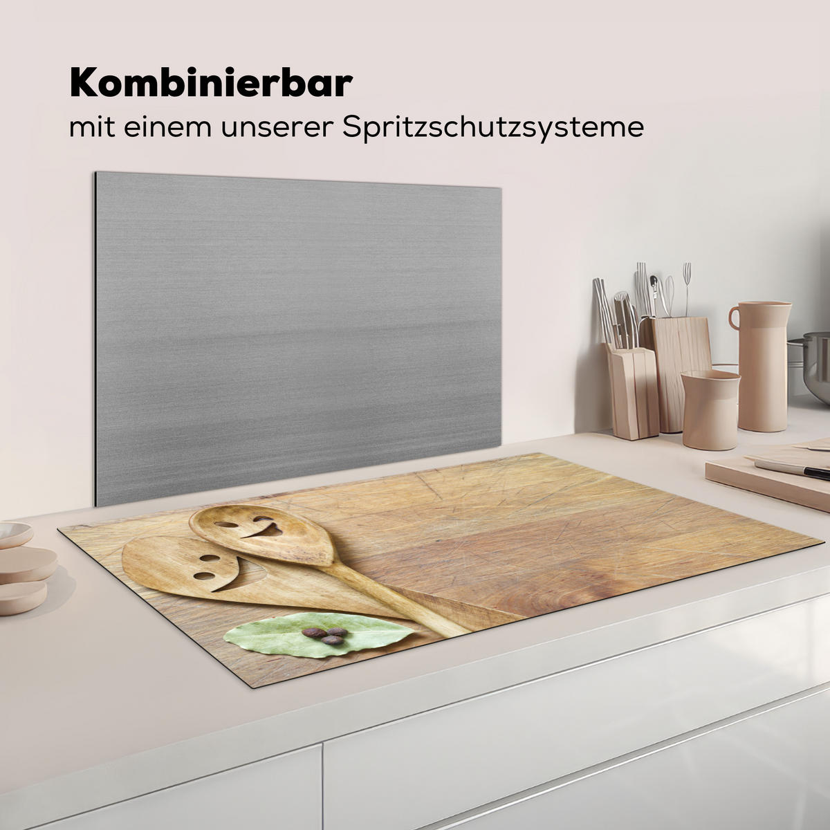 HERDABDECKPLATTE Holz - Löffel - Braun - Smiley Induktionsschutz 91.6x52.7 cm - Hellbraun, Kunststoff (91.6/52.7/0.2cm) - MuchoWow