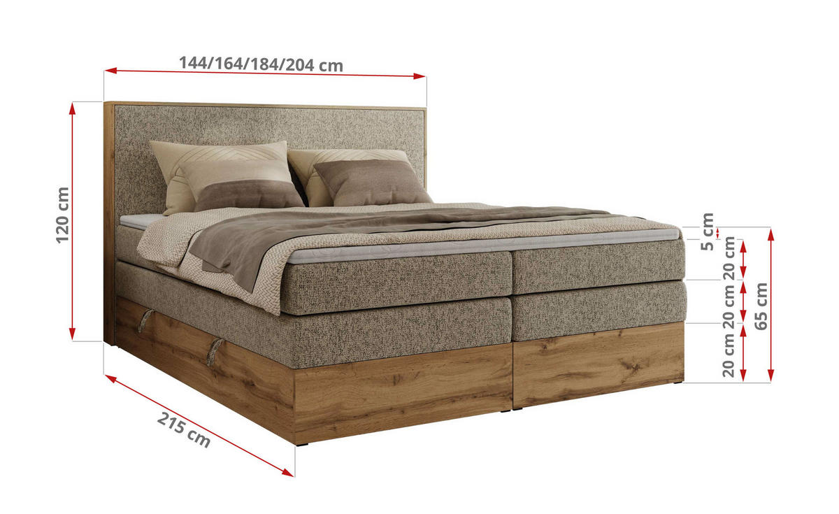 BOXBETT WOOD CLASSIC KING 140/200 - Dunkelbeige Strukture - H4 - Cappuccino, Textil (140/200cm) - MKS