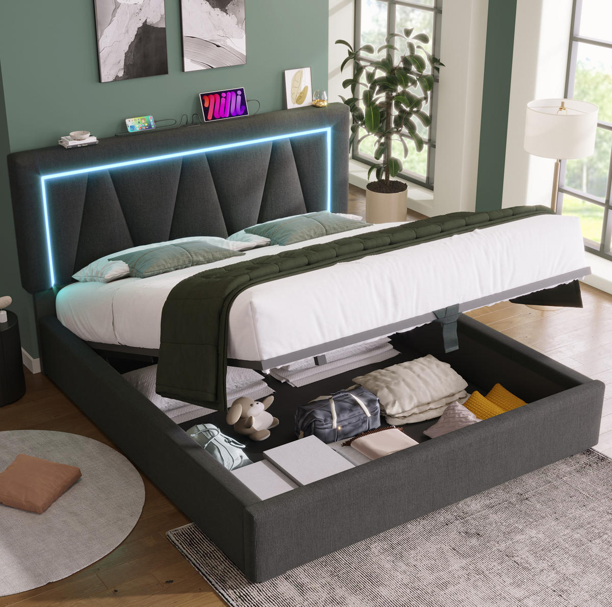 ČALOUNĚNÁ postel LED s USB a úložným prostorem, 160/200 cm, šedá, látka - šedá, textil (160/200cm) - BEAOK