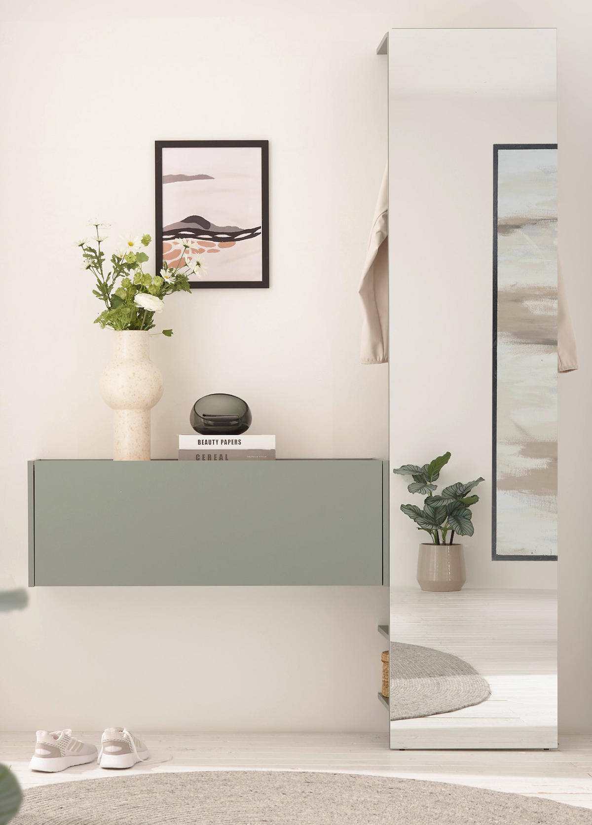 GARDEROBE in Salbei Grün mit Eiche, Kompaktgarderobe Set 2-teilig 150 x 200 cm - Salbeigrün/Eichefarben, Glas/Holz (150/200/30cm) - Furn.Design