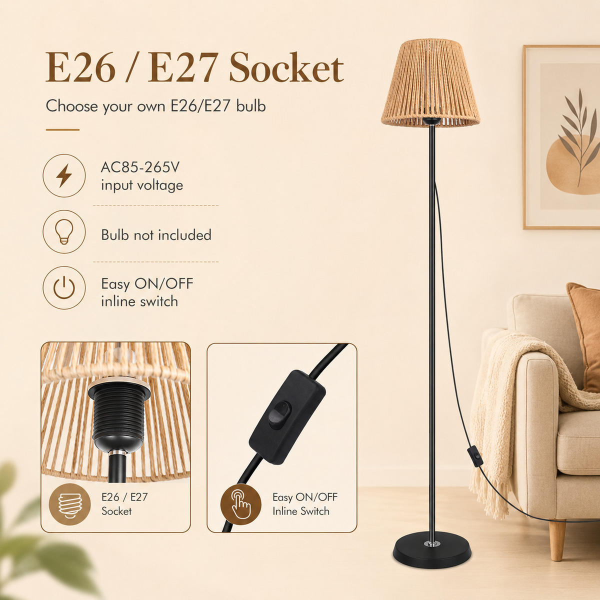 BODENLEUCHTE FL1071 LED Hanfkunst Design - Brombeere, Metall (26/26/26cm) - LOVHAUS
