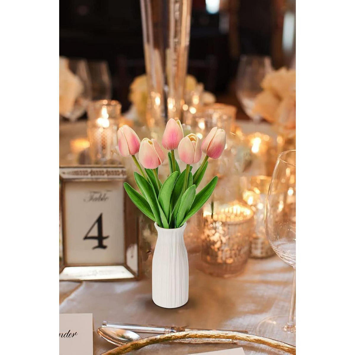 KUNSTBLUMEN Tulpenbund mit Vase Light Rosa 30 cm - Rosa, Keramik (27cm)
