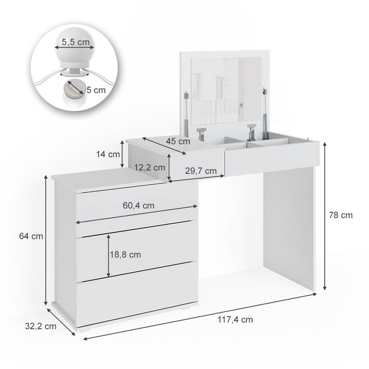 SCHMINKTISCH Lotos Weiß 117.4 cm mit LED Beleuchtung - Weiß, Holzwerkstoff (117.4/78/45cm) - Vicco