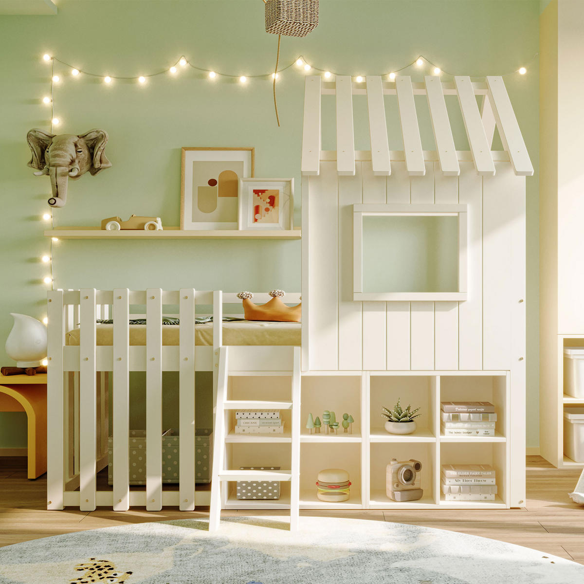 HAUSBETT 90/200 cm Weiß mit Dach und Fenster, Massivholz und offenem Stauraum - Weiß, Holz (90/200cm) - OKWISH