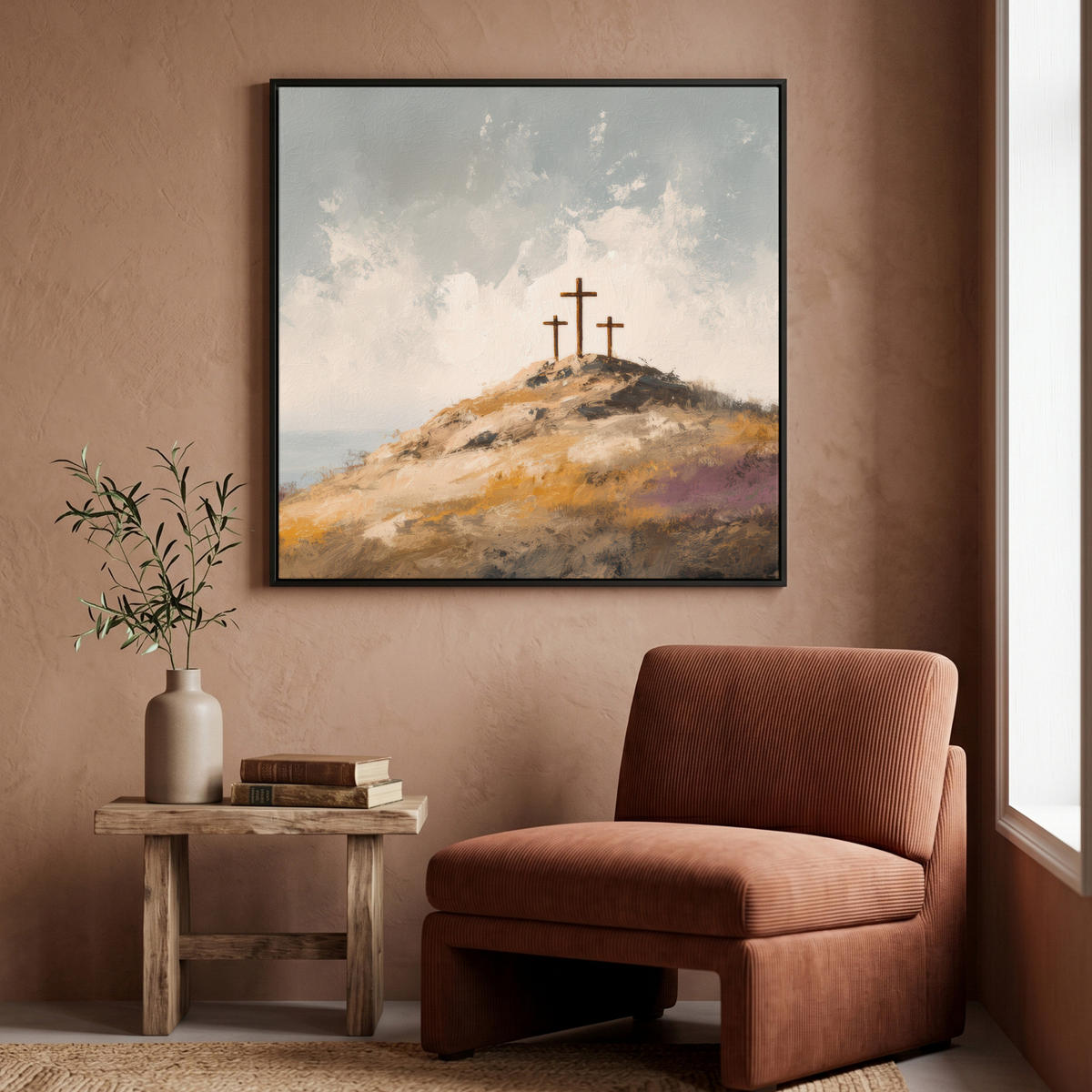 LEINWAND Bilder mit Rahmen - Hügel - Abstrakt - Christentum - Kreuz - 90x90 - Hellgrau, Textil (90/90cm) - MuchoWow