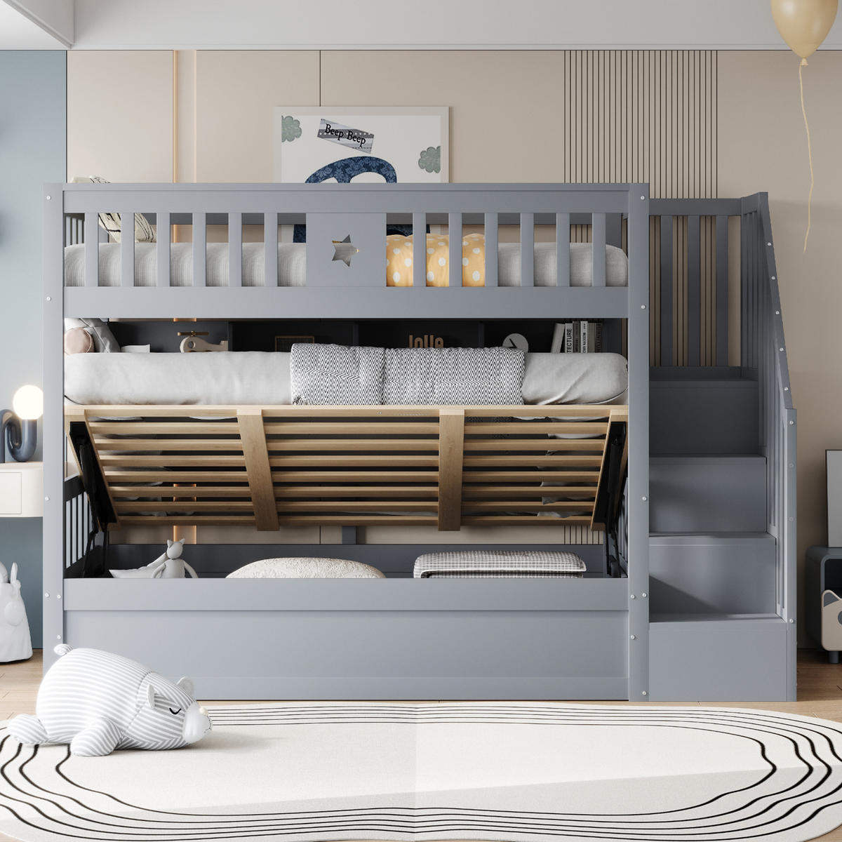 ETAGENBETTEN 90 x 200 cm, Holz,hydraulische Basis, Grau - Grau, Holz (90/200cm) - KOMHTOM