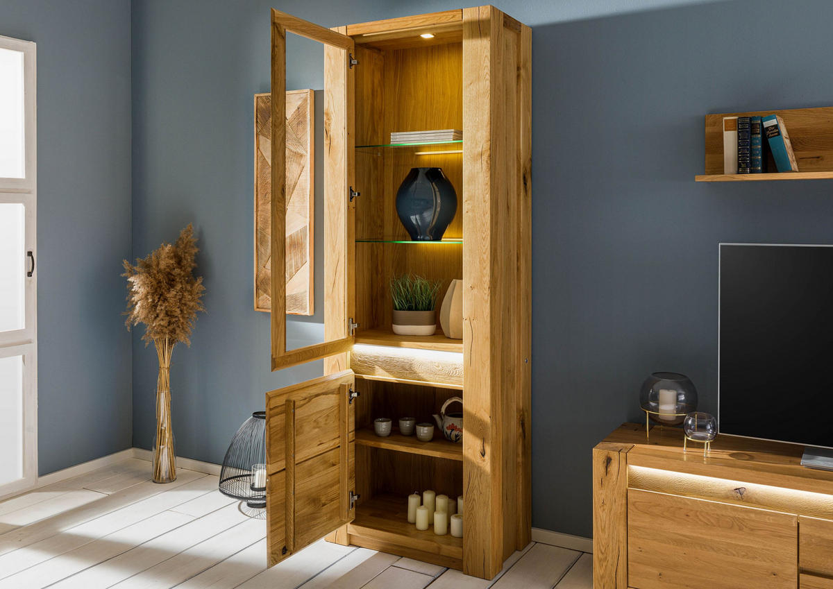 VITRINE Wildeiche 73x40x205 natur geölt KENT #101 - Braun, Holz (73/205/40cm) - Massivmoebel24