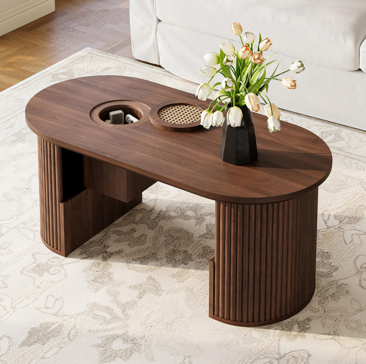 KONFERENČNÝ stolík 105/50/46,5 cm z MDF s úložnými priehradkami a oválnou doskou, Orechová - farba orecha, kompozitné drevo (105/50/46.5cm) - Redom