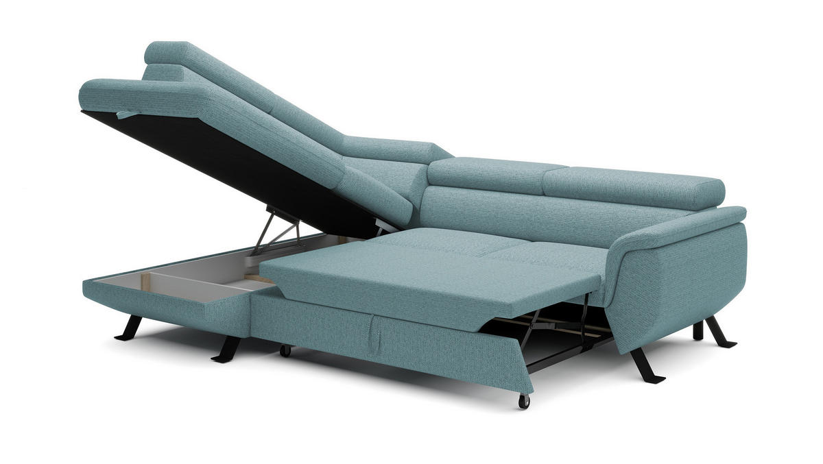 ECKSOFA RAVEN L mit Schlaffunktion und Bettkasten, Freistehend, Polstersofa mit Verstellbaren Kopfstützen, 257x198x96 cm, Linke, Hellblau - Hellblau, Holz/Textil (198/256cm) - DomoHome