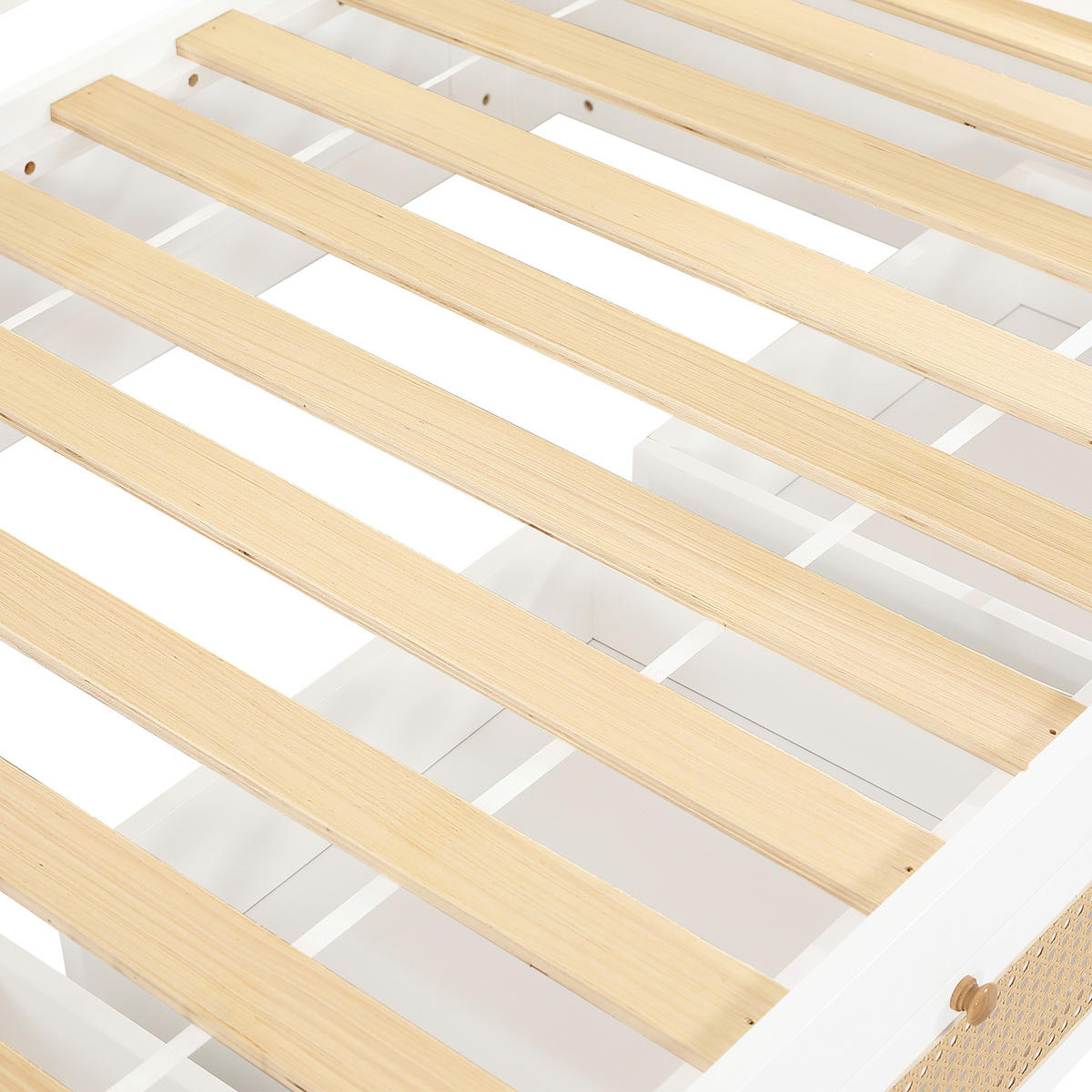 ETAGENBETT 90/200 cm DE-02325, in Weiß/Natur, mit Rattanzaun, 3 Schubladen und Sicherheitsgittern - Weiß, Holz/Holzwerkstoff (90/200cm) - ComfortXL