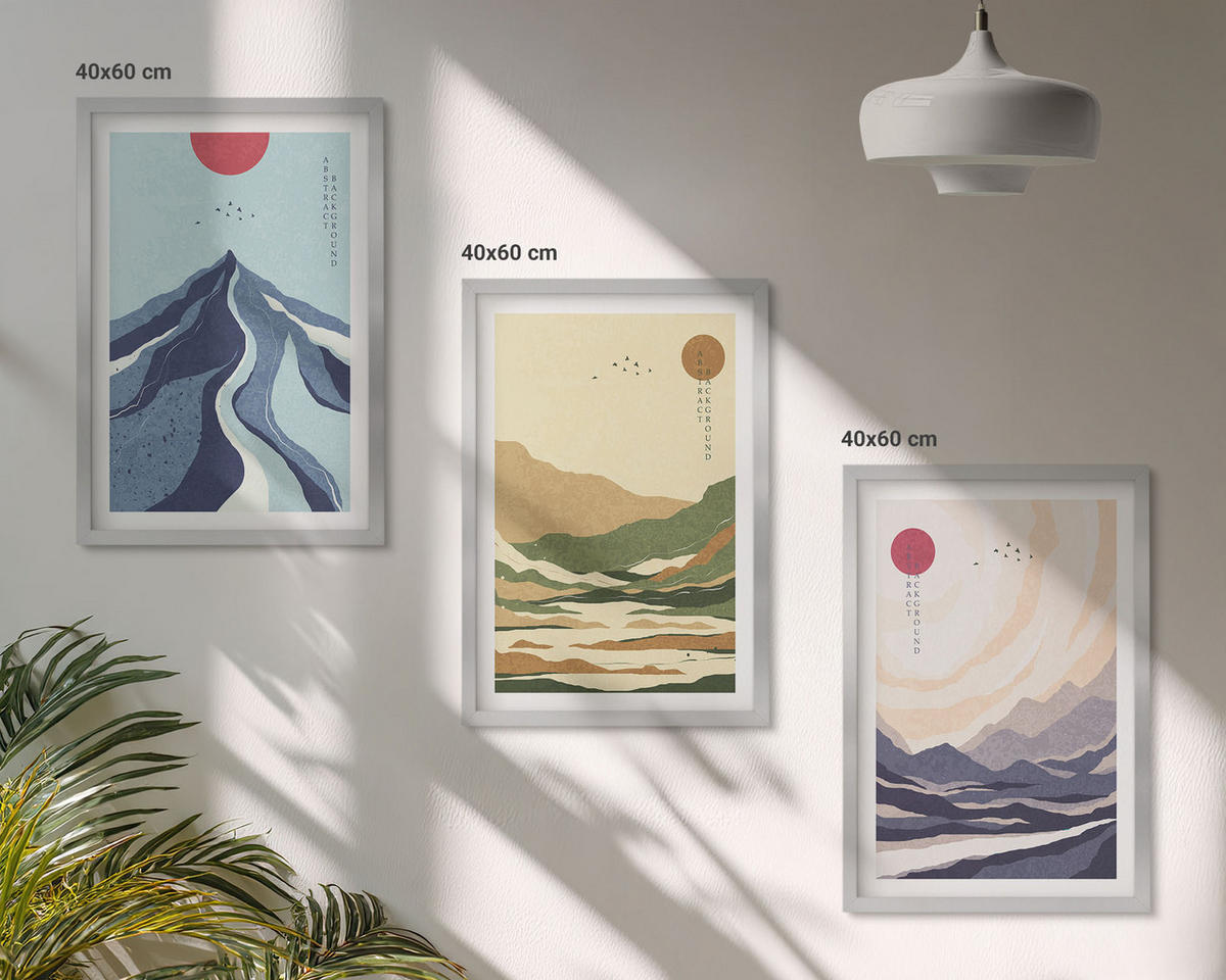 BILDER SET 3er Set - 40x60 cm Silberner Rahmen - Pastellfarbene Berge im Japandi-Stil - Silberfarben, Kunststoff (40/60cm) - TULUP
