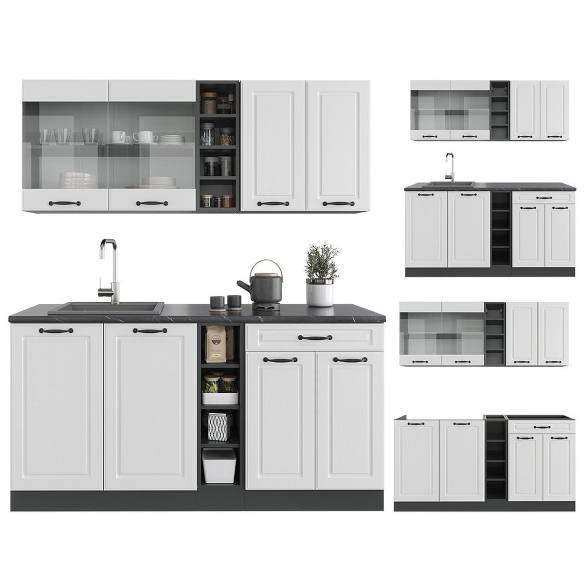 SINGLEKÜCHE R-Line Weiß Landhaus/Anthrazit 160 cm, AP Marmor - Anthrazit/Creme, Holzwerkstoff (160/81.6/60cm) - Vicco