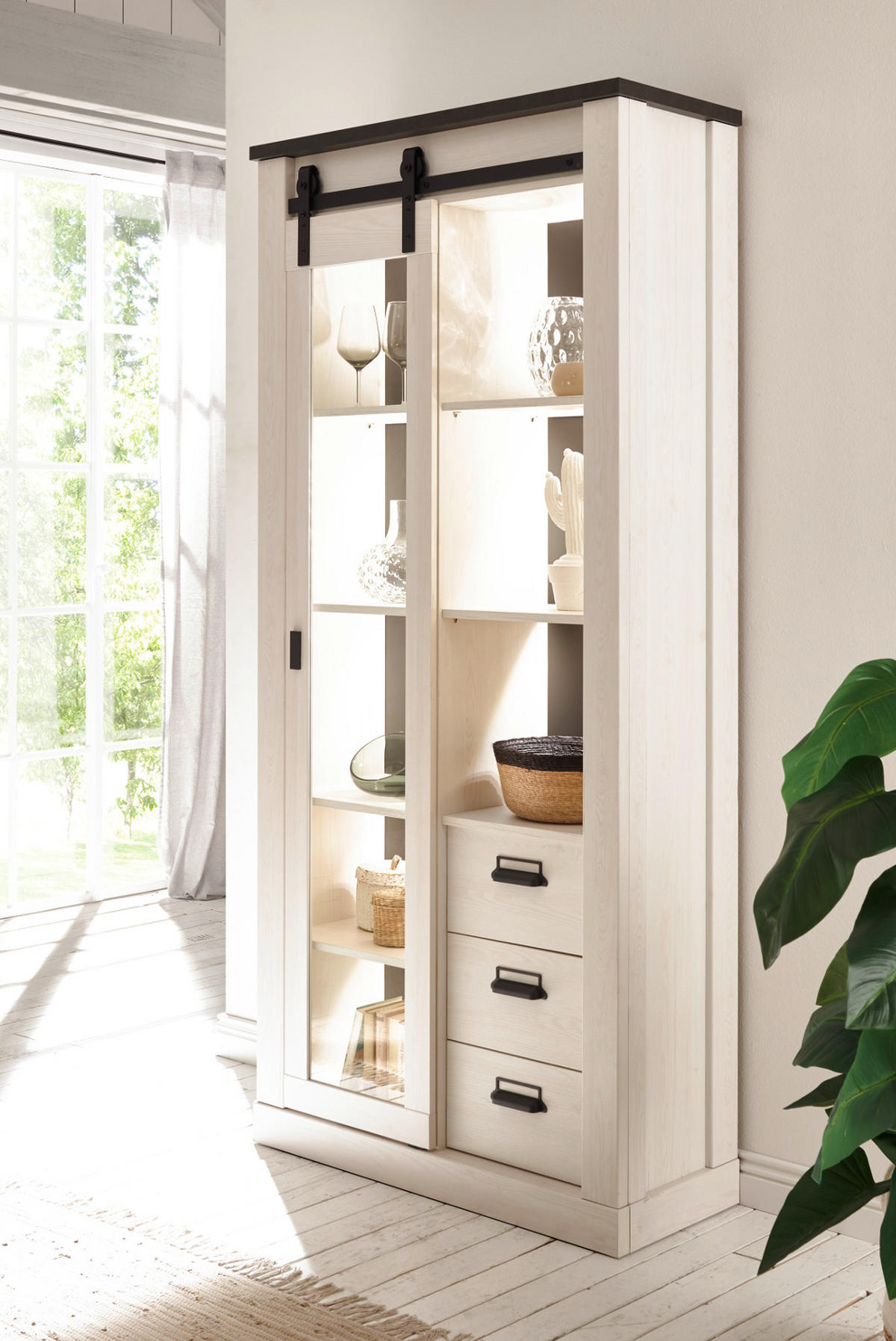 VITRINE weiß Pinie, anthrazit, Landhaus, Vitrinenschrank 93 x 201 cm - Anthrazit/Weiß, Holzwerkstoff/Metall (93/201/38cm) - Furn.Design