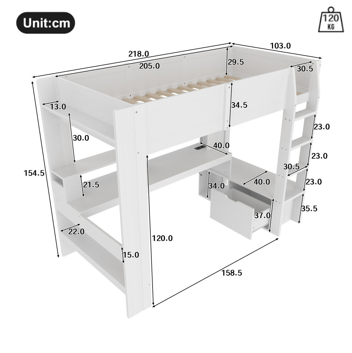 HOCHBETT 90/200 cm mit Schreibtisch, Regal, Schublade und LED-Beleuchtung aus Kiefernholz, Weiß - Weiß, Holz (90/200cm) - Redom