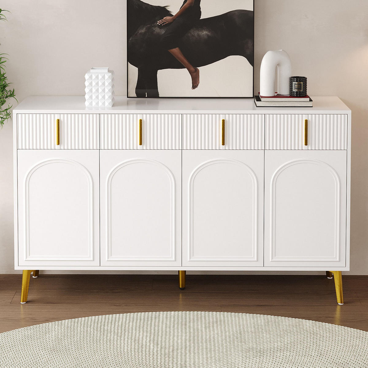 KOMMODE aus MDF 140x38x82cm in Weiß mit 4 Türen & 4 Schubladen - Weiß, Holzwerkstoff (140/82/38cm) - Modfu