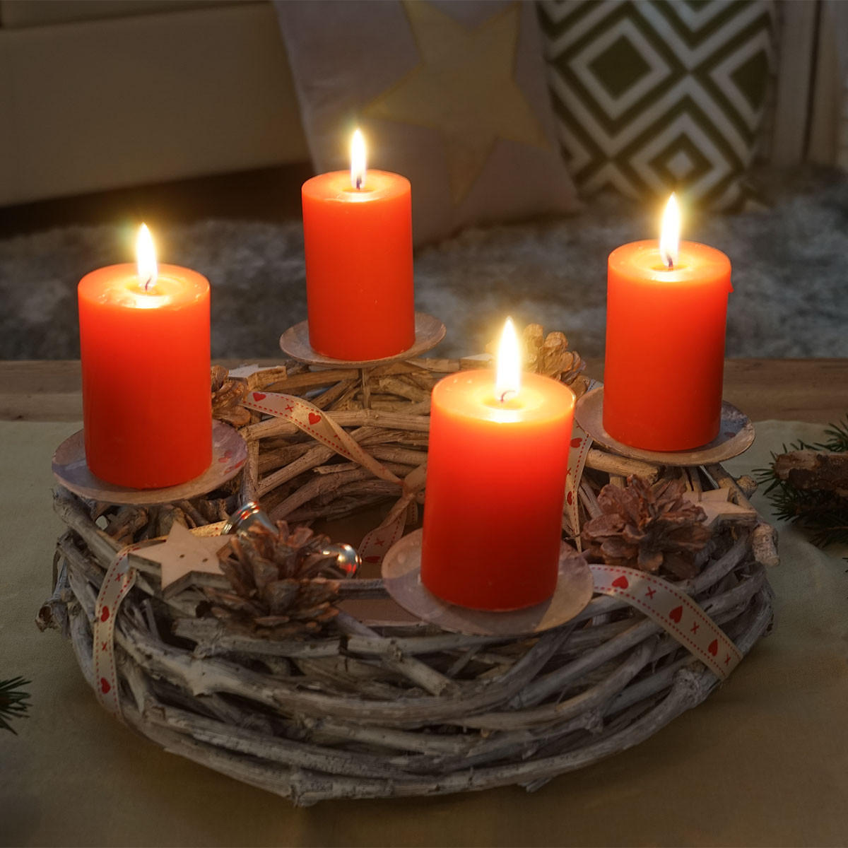 ADVENTSKRANZ HOLZ Ø 30CM MIT KERZEN ROT Weiß, Rot - Rot/Weiß, Holz (30/8cm) - MCW
