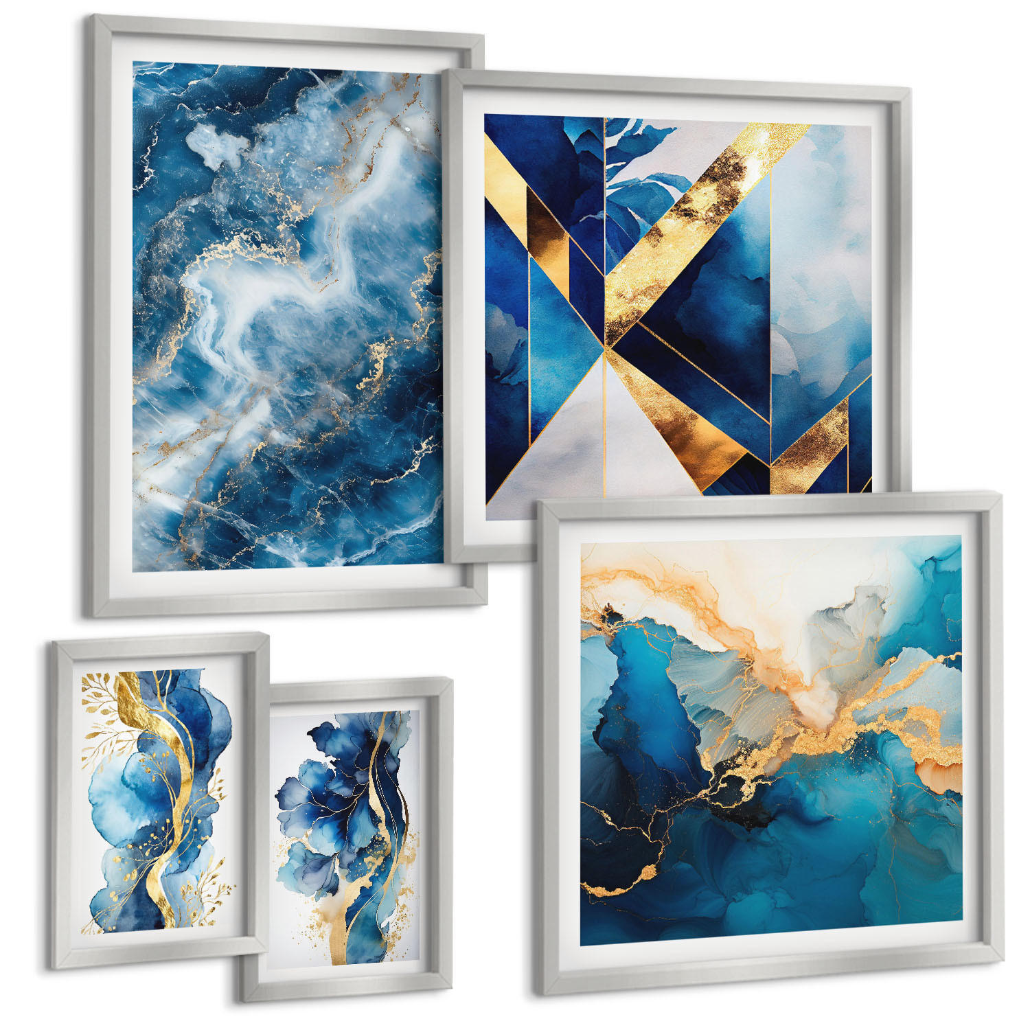BILDER SET 5er Set - 50x50 cm & 20x30 cm & 40x60 cm Silberner Rahmen - Blaue abstrakte Muster - Silberfarben, Kunststoff (40/60cm) - TULUP
