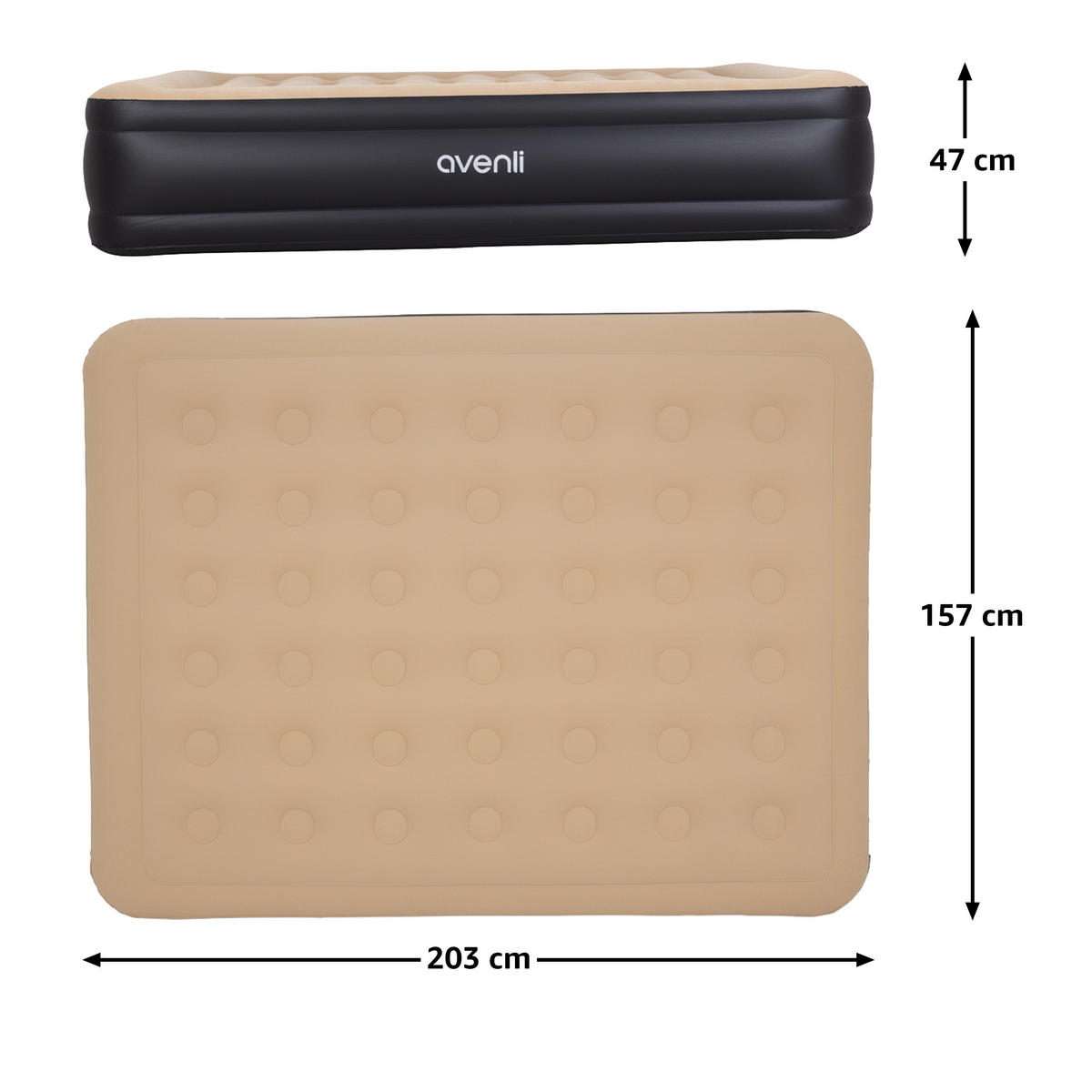 LUFTBETT Luftmatratze selbstaufblasend 203 x 157 x 47 cm mit integrierter Pumpe - Beige/Schwarz, Kunststoff (157/203cm) - Avenli