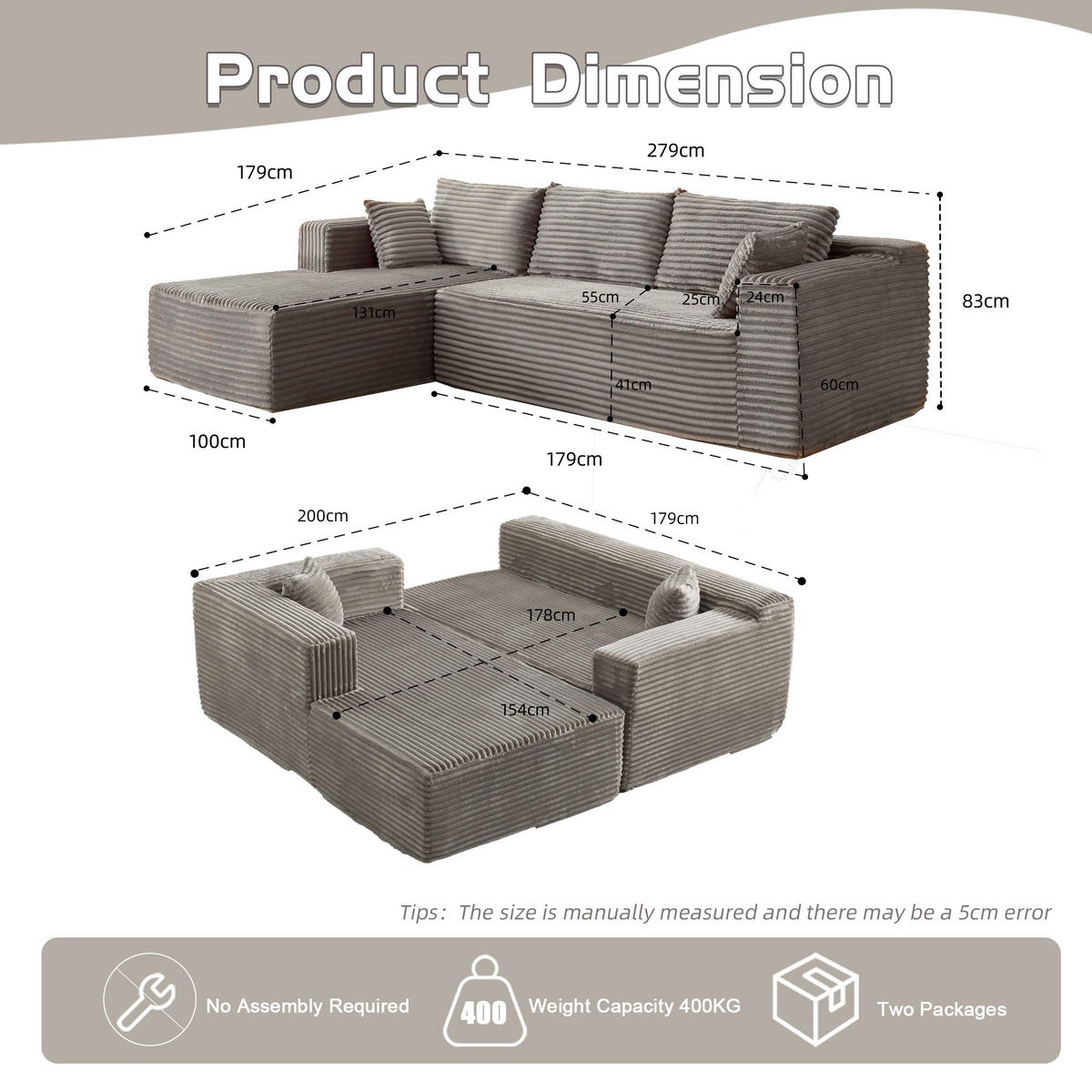 SOFA modulares Ecksofa L-Form Cord Grau 2-tlg. - Grau, Kunststoff (179/279cm) - Meubliv