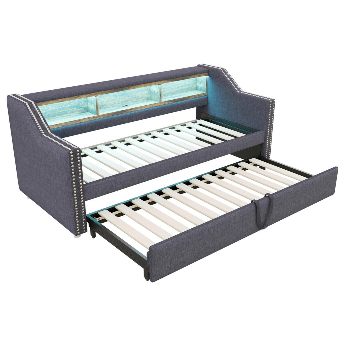 BETT aus Leinen 90/180x190 cm Dunkelgrau mit Ausziehbett, LED, USB und Ablagefächern - Dunkelgrau, Textil (140/200cm) - Modfu