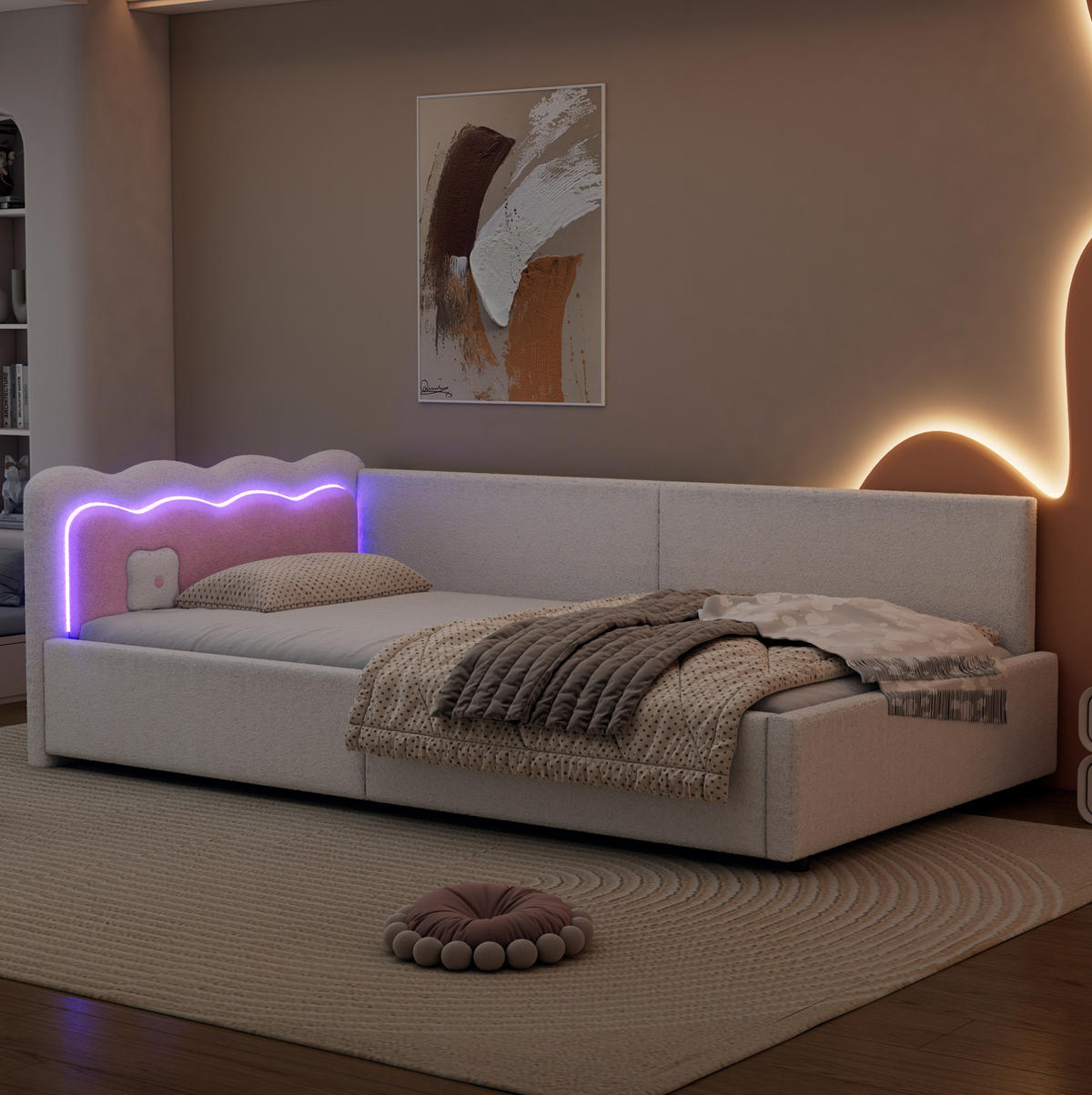 POLSTERBETT 90/200 cm Weiß mit LED-Beleuchtung und Lattenrost - Weiß, Textil (90/200cm) - Flora Grace