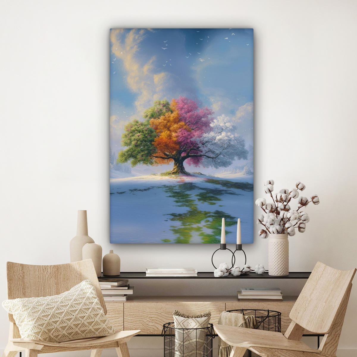 LEINWANDBILD Baum - Jahreszeiten - Winter - Landschaft Deko Groß 90x140 cm - Multicolor, Textil (90/140cm) - MuchoWow