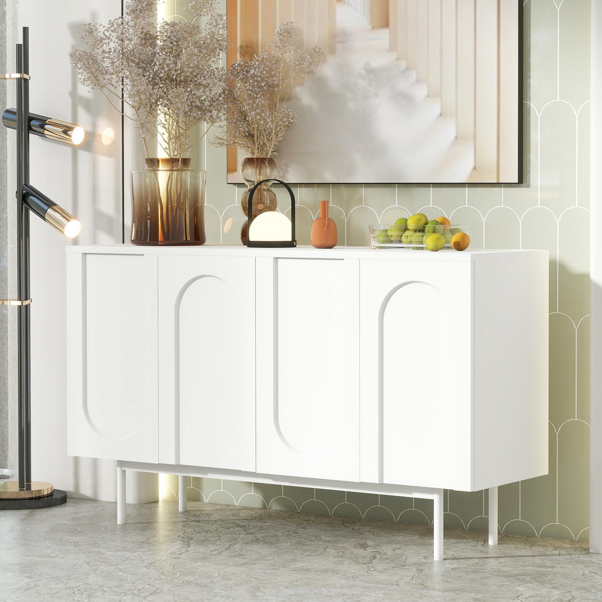 SIDEBOARD mit 4 Türen, LED-Beleuchtung und verstellbaren Einlegeböden, 140 x 42 x 80 cm, Weiß, MDF - Weiß, Holzwerkstoff (140/80/42cm) - SONNENH