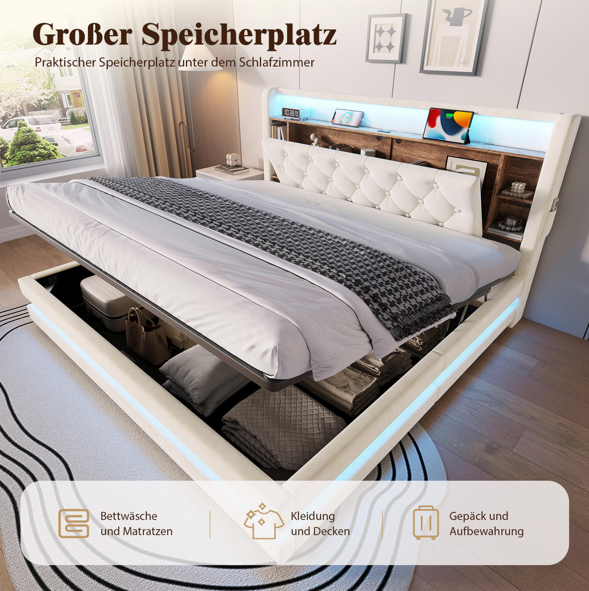 SAMETOVÁ čalouněná postel 180/200 cm s LED, USB-C a hydraulickým úložným prostorem, Béžová - béžová, textil (180/200cm) - Redom