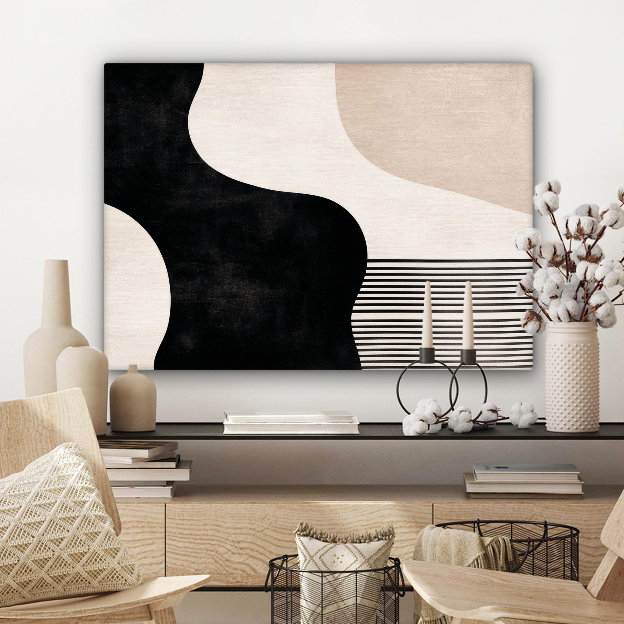 LEINWANDBILD Abstrakt - Japandi - Beige - Modern Wandbilder 80x60 cm - Schwarz, Textil (80/60cm) - MuchoWow