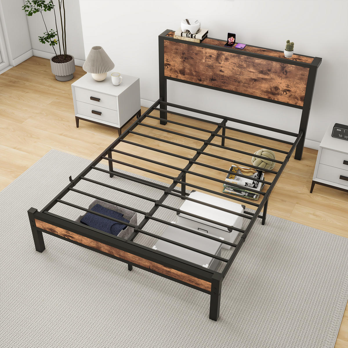 METALLBETT 140x200 cm Stauraum Kopfteil braun - Dunkelbraun, Holzwerkstoff (140/200cm) - LEBENLANG