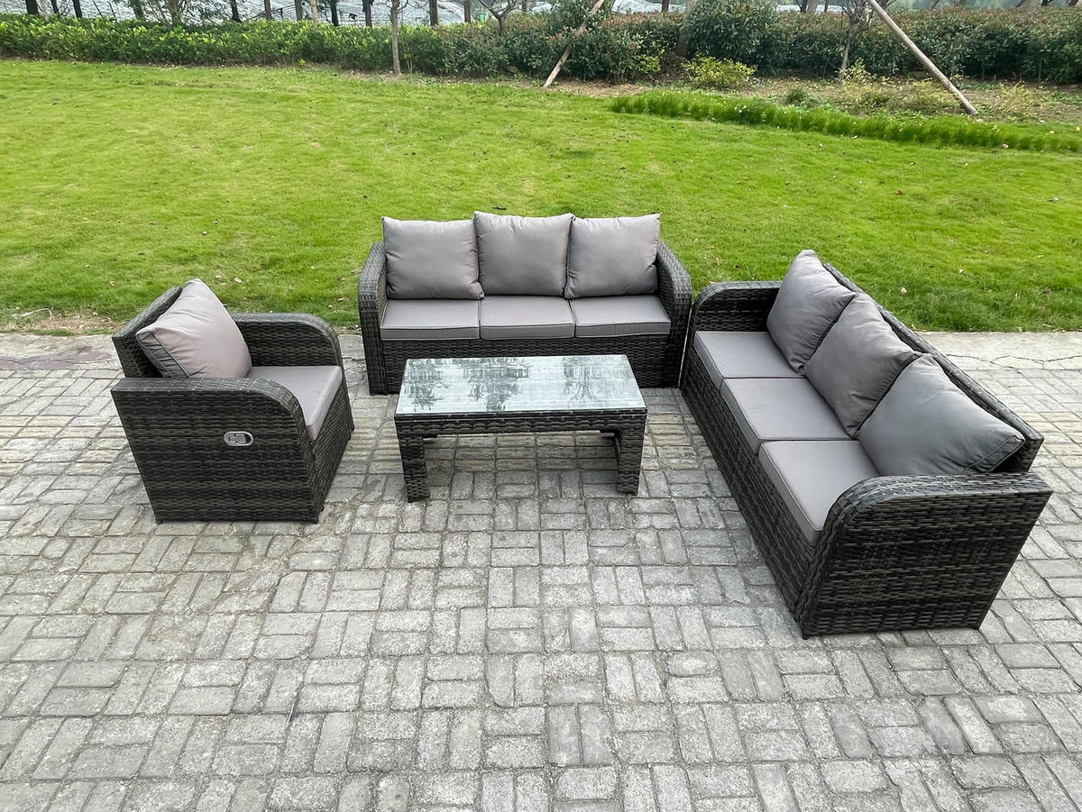 GARTENMÖBEL SET mit Sofa Polyrattan 7-Sitzer Dunkelgrau - Dunkelgrau/Grau, Glas/Kunststoff - Fimous