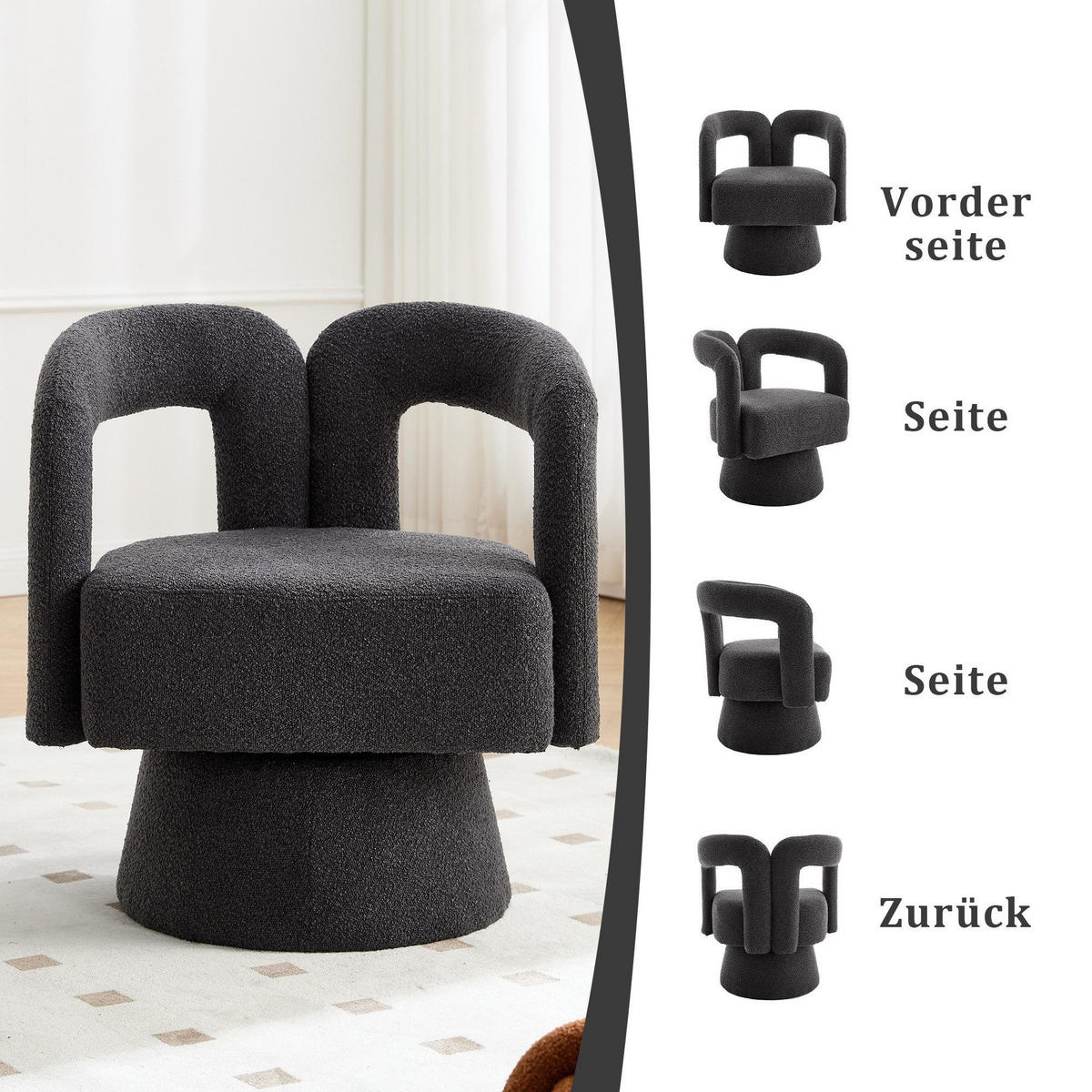 DREHSTUHL 360°Drehsessel Loungesessel mit Polsterung,Boucle,Dunkelgrau - Dunkelgrau, Textil (67/74/55cm) - LVHOM