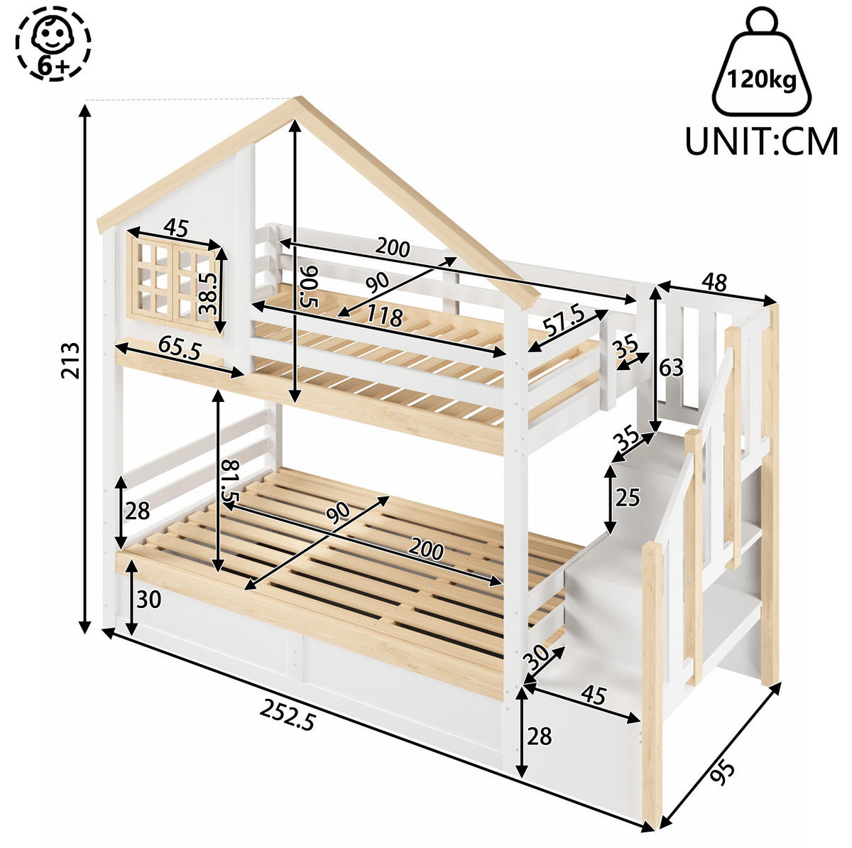 ETAGENBETT 90x200 cm in Weiß/Natur mit hydraulischem Stauraum - Weiß, Holz (90/200cm) - IVMEU