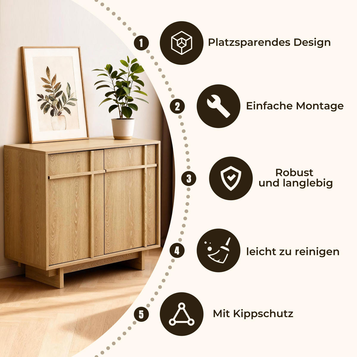SIDEBOARD mit 2 Türen, Aufbewahrungsschrank in Eichenoptik mit geometrischer Holzleisten-Front| B80 x T40 x H77 cm - Braun, Holzwerkstoff (80/77/40cm) - Hometopia