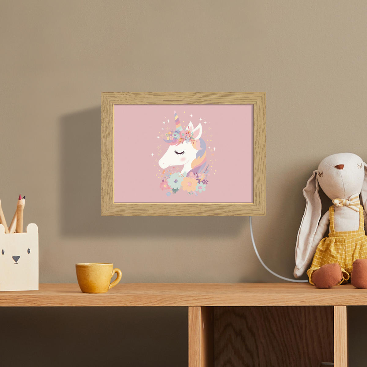 NÁSTĚNNÁ LAMPA Jednorožec - růžová - květiny 20x15 cm - růžová, kompozitní dřevo (20/15/8cm) - OnlyWow