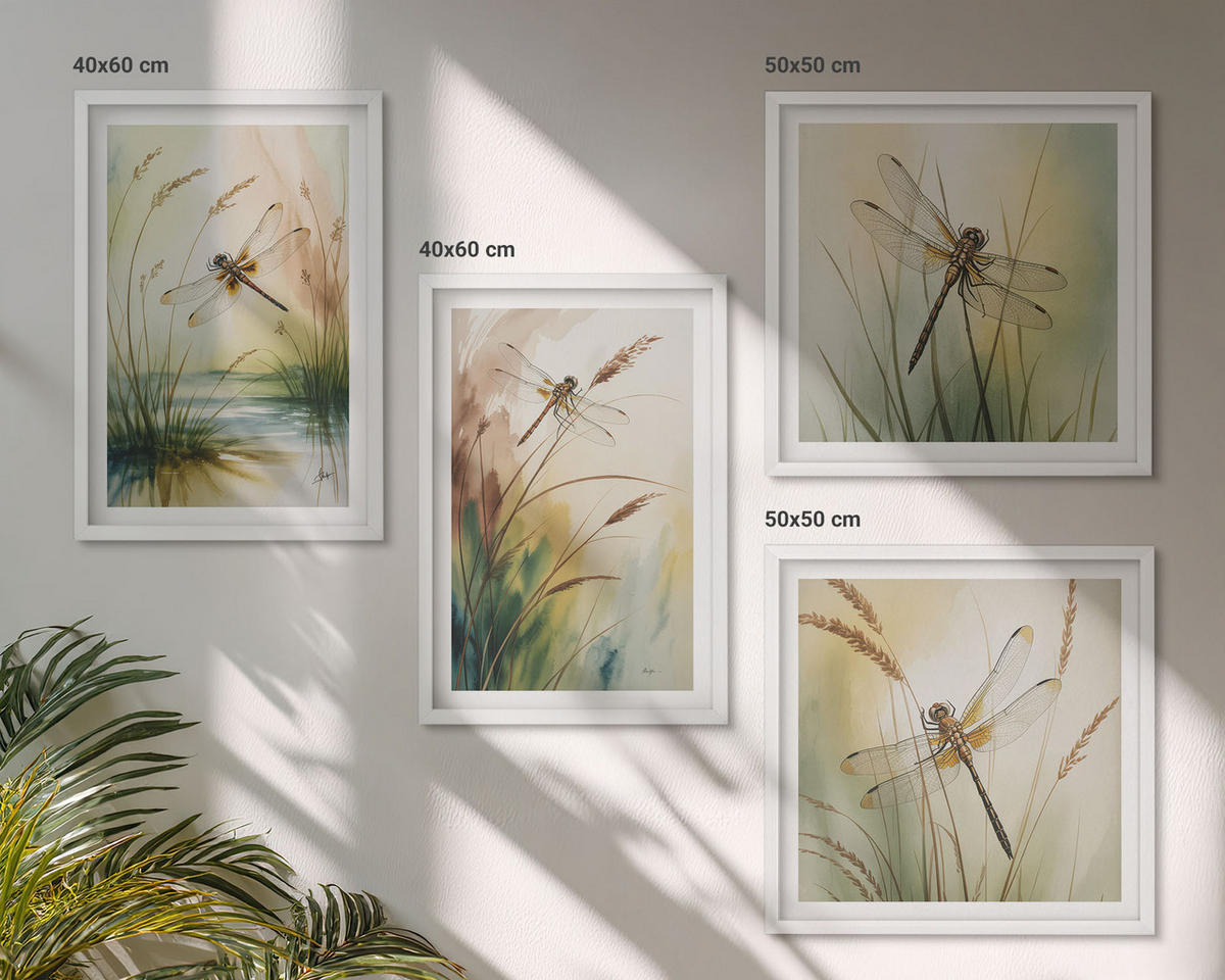 BILDER SET 4er Set - 50x50 cm & 40x60 cm Weißer Rahmen - Libellen im Gras, Wassermalerei - Weiß, Kunststoff (50/50cm) - TULUP