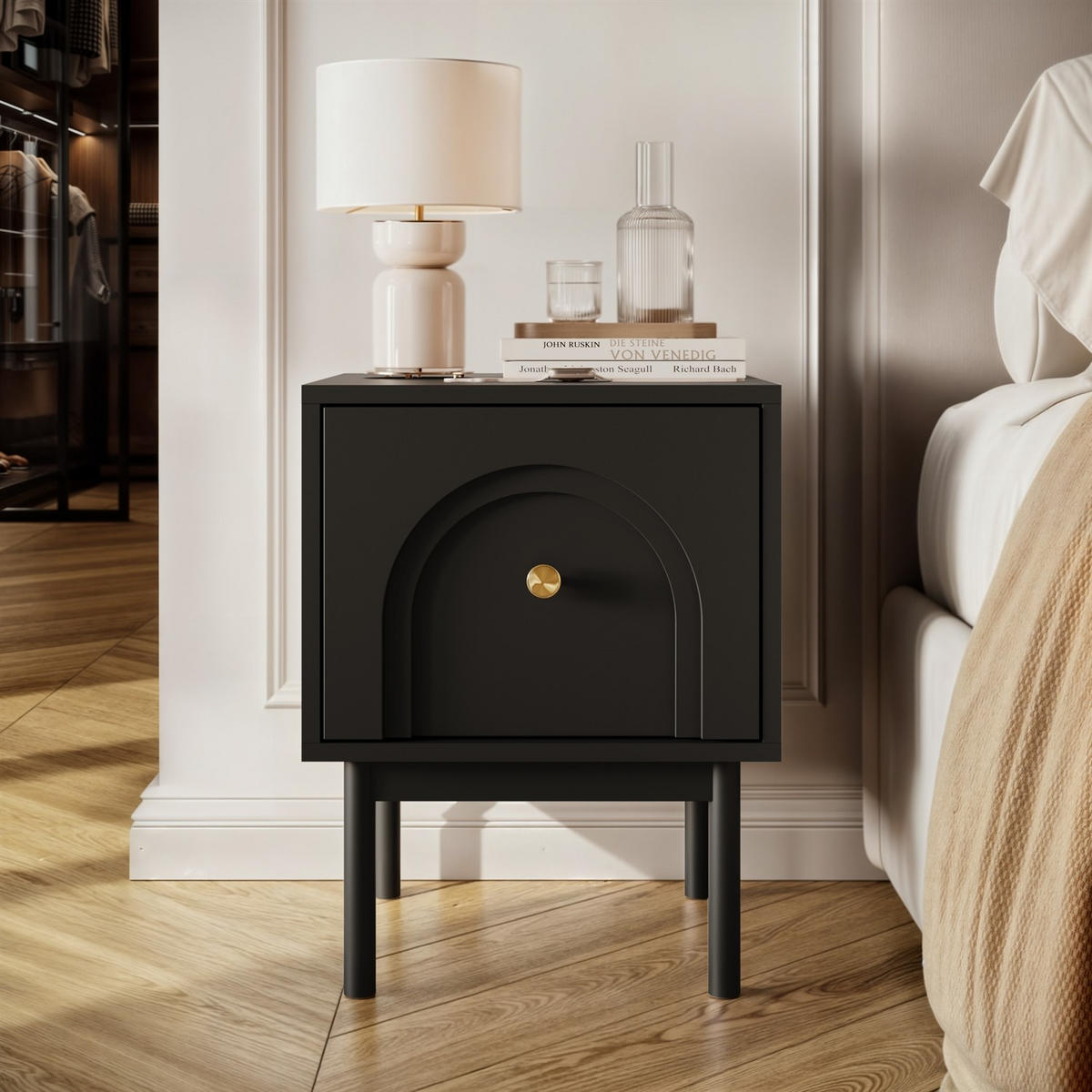 NACHTTISCH LIBERTY auf Holzbeinen schwarz - Schwarz, Holzwerkstoff (41.3/53.5/39cm) - Lookway