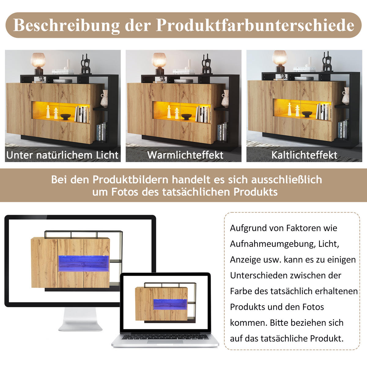 SIDEBOARD LED Holz MDF Bluetooth Modern Esszimmer Stauraum - Naturfarben, Holzwerkstoff (44/93.5/140cm) - FLIEKS