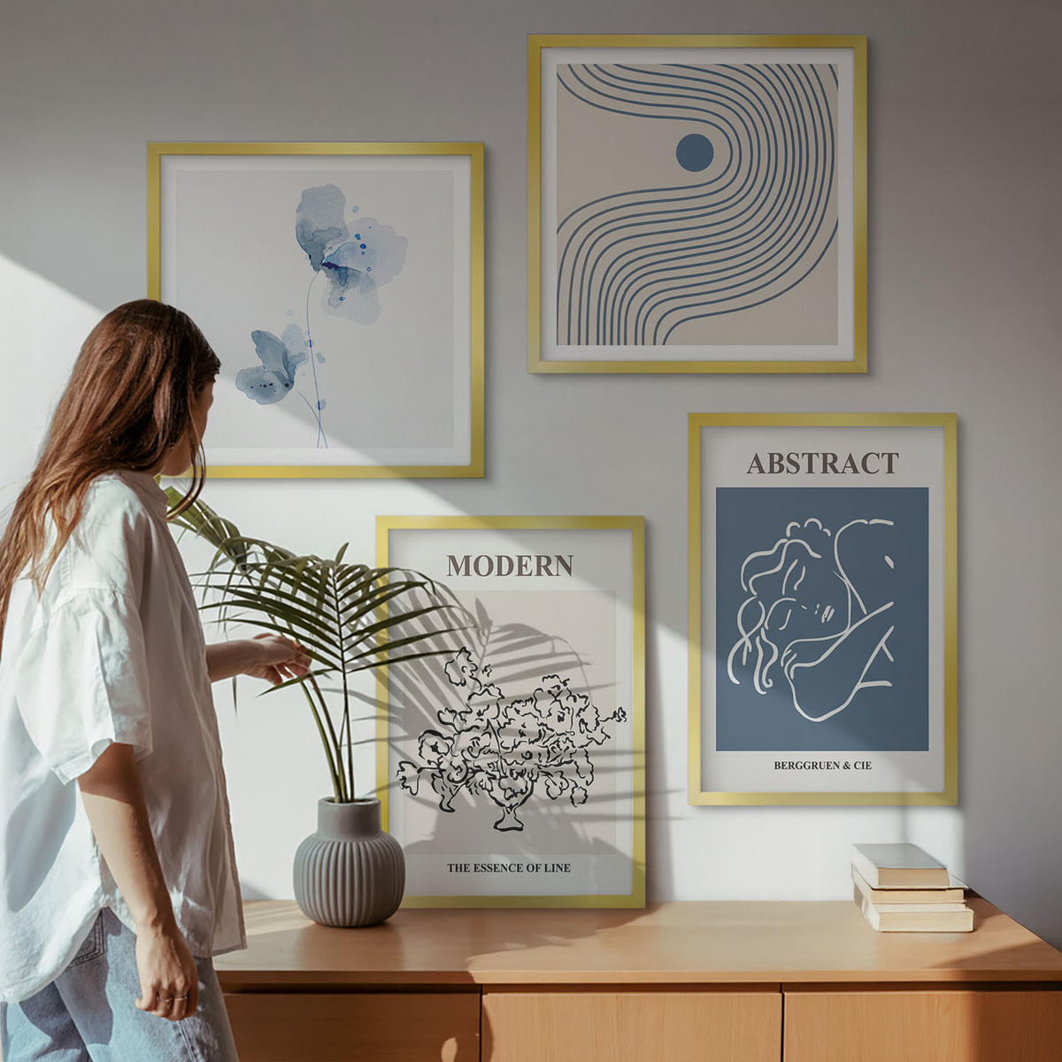 WANDBILDER 4er Set - 50x50 cm & 40x60 cm Goldrahmen - abstrakte Poster mit Blumenlinien - Goldfarben, Kunststoff (50/50cm) - ArtPrintCave