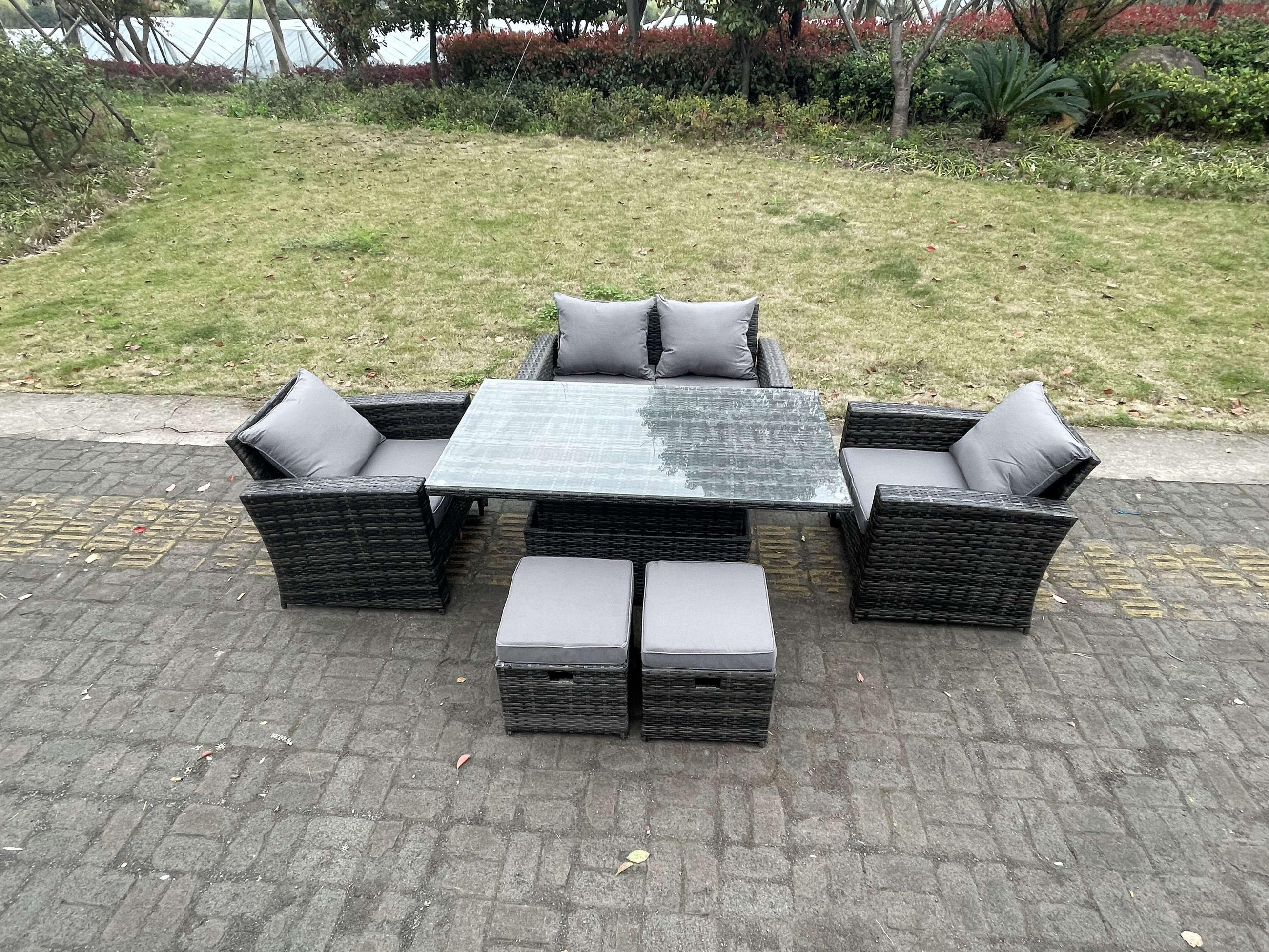 GARTENMÖBEL-SET HÖHENVERSTELLBARER ESSTISCH SESSEL SOFA MIT HOCKER Polyrattan Dunkelgrau 6-Sitzer - Dunkelgrau, Metall - Fimous